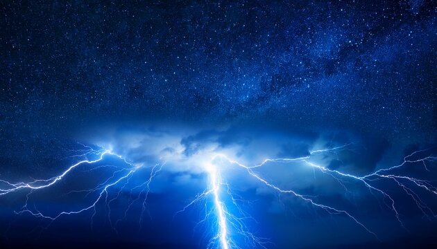 dramatic blue lightning bolt in dark sky with glowing stars for intense weather imagery