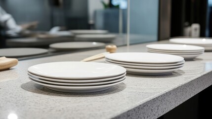 Minimalist plates arranged neatly on modern countertop, showcasi