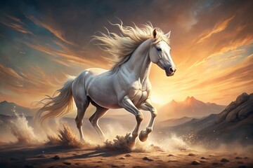 Majestic White Stallion Charging, Dramatic Landscape, Candid Action Shot