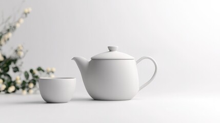 Elegant teapot and cup set against minimalist background, showca