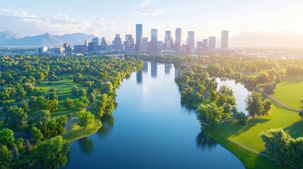 Ultra-detailed aerial view of Denver, highlighting intricate building textures, flowing river, vibrant greenery, expansive cityscape, and dynamic urban landscape.