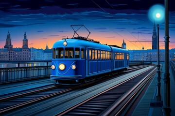 Obraz premium A vintage-style Riga travel poster, featuring a classic tram passing through Old Town