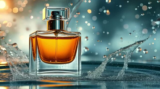 Elegance in Essence: A luxurious perfume bottle is captured amidst an aquatic spectacle, with delicate water droplets and refreshing sprays accentuating its stylish design and enticing aroma.