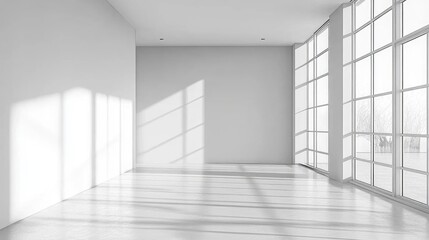 Fototapeta premium Expansive white interior with natural light casting soft shadows on the floor during a tranquil morning in a modern space