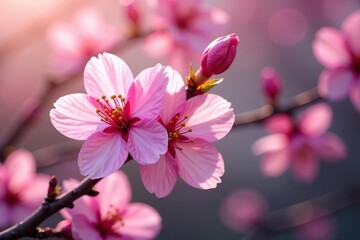 Obraz premium Vibrant full bloom sakura, overlapping petals, lush branches , sakura branch, cherry blossom background, illustration