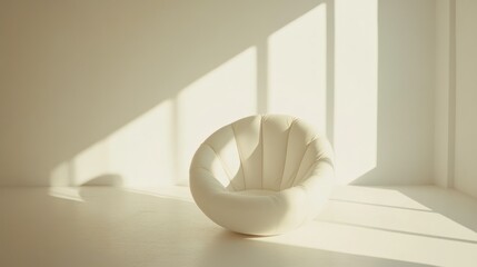 A round white chair sits in a room bathed in sunlight
