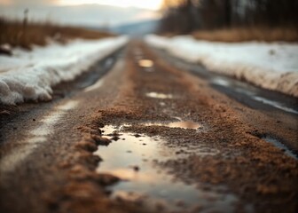 Melting Snow, Muddy Road, Spring Transition, Minimalist Winter to Spring Background