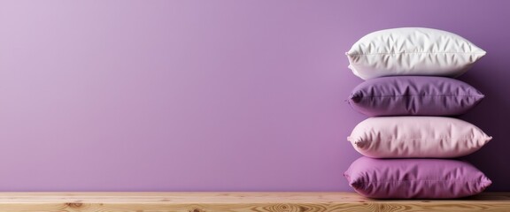 Obraz premium Colorful decorative pillows stacked on a wooden surface against wall 