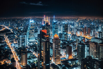 Night cityscape, urban skyline. City lights, modern architecture, skyscrapers. Aerial view, metropolis, downtown. Business district, travel destination.