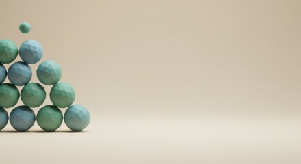 Abstract Minimalist Composition of  Geometric Spheres Balanced in a Pyramid Shape Against a Neutral Beige Background