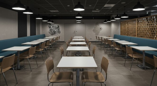 Modern cafe dining area with white tables.