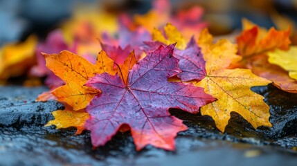Vibrant autumn leaves displaying warm colors, scattered on wet dark ground
