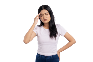 Young Asian woman suffering from headache and fatigue, touching her temple with eyes closed, expressing pain and stress, isolated on transparent background