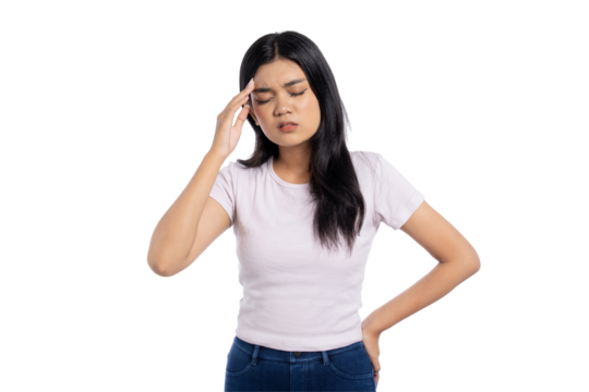 Young Asian woman suffering from headache and fatigue, touching her temple with eyes closed, expressing pain and stress, isolated on transparent background