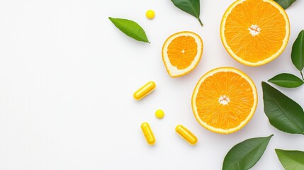 Fototapeta premium Fresh oranges sliced open with yellow capsules and leaves, showcasing a vibrant and healthy composition on a minimalistic background.
