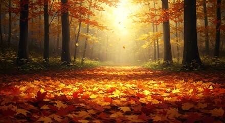 Fototapeta premium Autumn Forest Path: Sunlit Leaves & Trees AI Generated