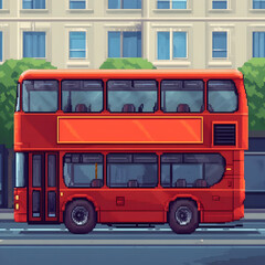 Pixel art red double-decker bus on city street with trees and buildings