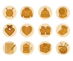 cozy handmade fashion and gift icons set in warm caramel color for social media branding and craft projects vector.