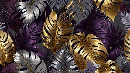 Gold tropical leaves in silver, purple colors. Seamless pattern, luxury wallpaper