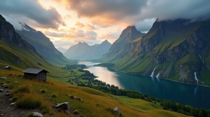 Obraz premium Cloudy Romsdalen valley in Norway at dawn, captured in a panoramic view with misty mountain scenery.