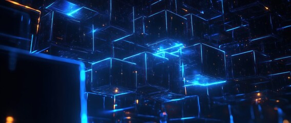 Futuristic Abstract 3D Art Glowing Blue Cubes in Cybernetic Environment with Blockchain Metaverse Technology