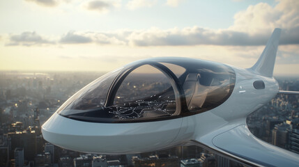 Futuristic private jet with panoramic glass roof and AI navigation