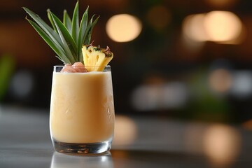 A pīna colada cocktail in a glass with pineapple garnish on a reflective surface with blurred background