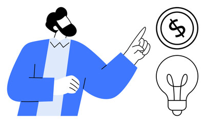 Professional figure pointing at dollar sign and light bulb, symbolizing financial success and innovative ideas. Ideal for business strategy, entrepreneurship, growth, investment, creativity