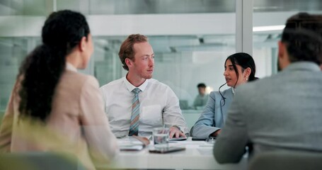 Business people, meeting and discussion of ideas in office, brainstorming solution or proposal pitch for accounting. Group, collaboration or planning strategy for profit growth with financial manager