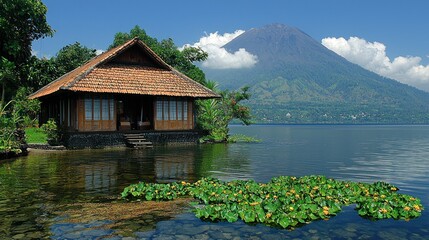 Obraz premium Lakefront House with Volcanic Mountain View