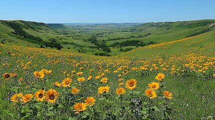 Fototapeta premium Sunflowers bloom in a vibrant field overlooking a verdant valley under a clear blue sky.