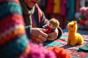 A person of Hispanic descent interacts with a doll and a toy llama at a vibrant market, showcasing colorful textiles in the background, creating a joyful and playful atmosphere