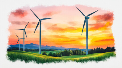 Fototapeta premium Wind turbines in vibrant sunset landscape with rolling hills and trees