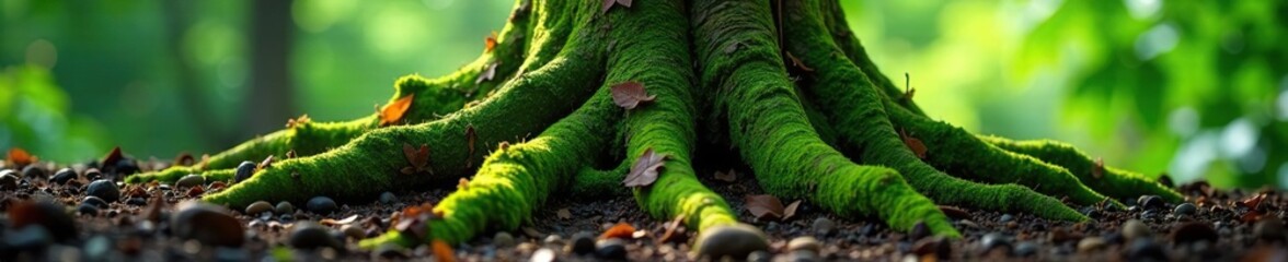 The tree's roots peek out from the earth with vines and moss, nature, greenery, moss