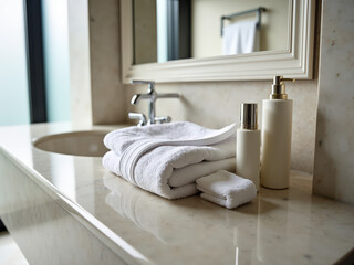 A neatly arranged bathroom countertop features white towels, a small washcloth, and elegant soap dispensers, evoking a sense of luxury and cleanliness