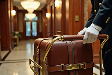A bellhop in a uniform pushes a luggage cart, featuring a brown leather suitcase, in an elegant hotel lobby with chandeliers and polished marble floors