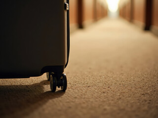 A black suitcase rests on a beige carpet in a hotel corridor, with blurred lights and neutral tones creating a sense of travel and anticipation