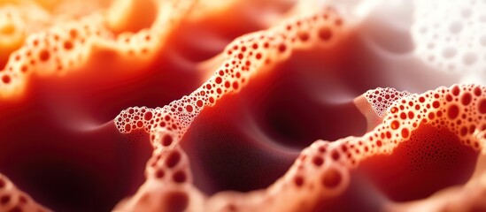 A close-up view of foam patterns in shades of deep red and orange, with a fractal design creating a complex, yet organized background