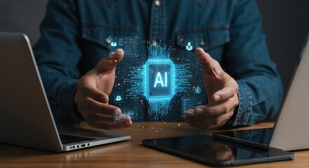 Person Working with Artificial Intelligence, Futuristic Technology Concept, Digital Transformation, AI Development and Innovation