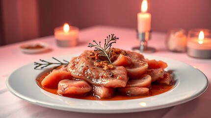 Candlelit Pork Medallions with Fruit and Rosemary Garnish