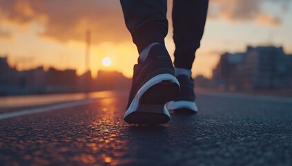 Fototapeta premium Person Walking on Asphalt Road at Sunset with City Skyline