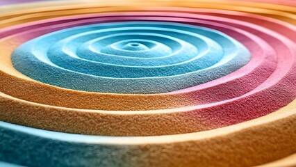 Fototapeta premium Colorful concentric circles or waves, resembling sand or a textured surface, in gradient shades of blue, orange, and pink. Concept Colorful Concentric Circles, Gradient Waves, Textured Patterns