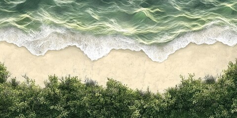Aerial View of Waves Crashing on Sandy Beach with Green Vegetation
