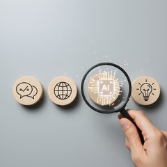Hand with magnifying glass over AI icon, surrounded by chat, globe, and idea symbols, ideal for technology concepts
