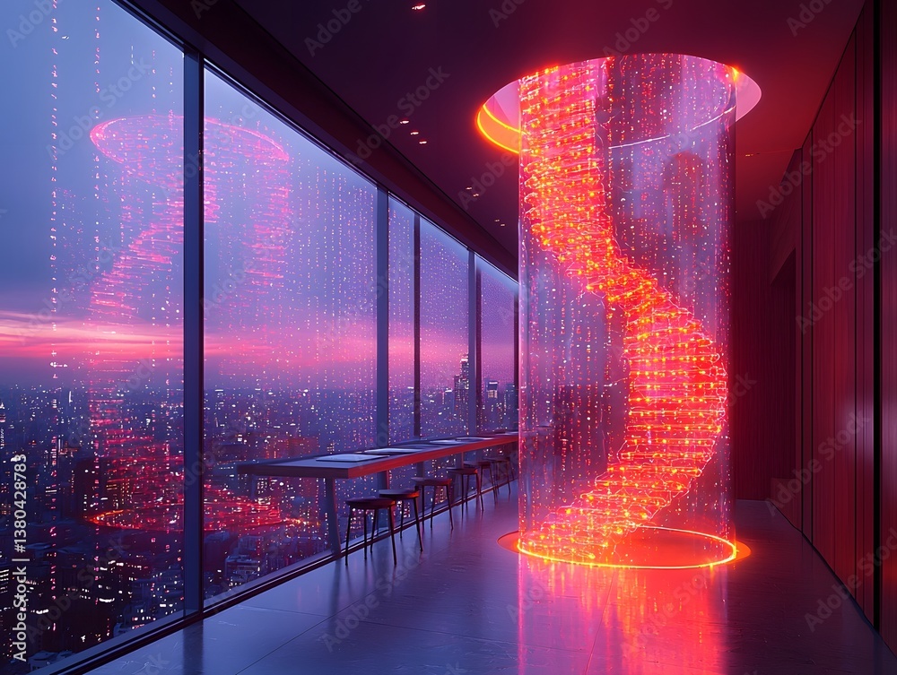 Poster captivating futuristic architecture with neon spiral structure