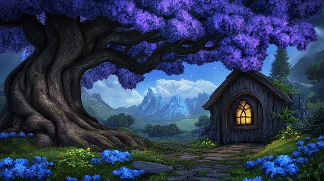 A wooden cabin in the forest, warm light glowing from its windows under a starry sky