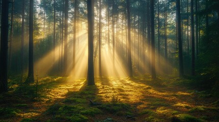 Fototapeta premium A dense pine forest covered in early morning fog. Beams of golden sunlight pierce through the mist, illuminating the forest floor covered in moss and fallen pine needles.