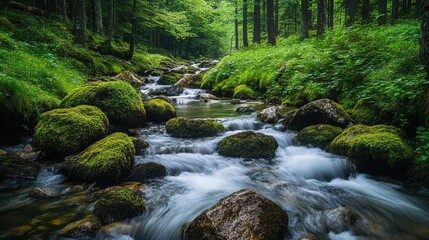Obraz premium A refreshing mountain stream winding through moss-covered boulders, with crystal-clear water rushing over smooth stones. The surrounding trees add to the peaceful atmosphere.