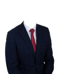 Casual suit for men. Male suit on the white bacground. Navy blue suit with white shirt