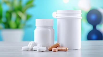 Two containers of medication with various pills displayed on a table, set against a softly blurred background.